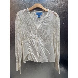 Doncaster Sport Ivory Lace Panel Button Down Long Sleeve V-Neck Blouse Top